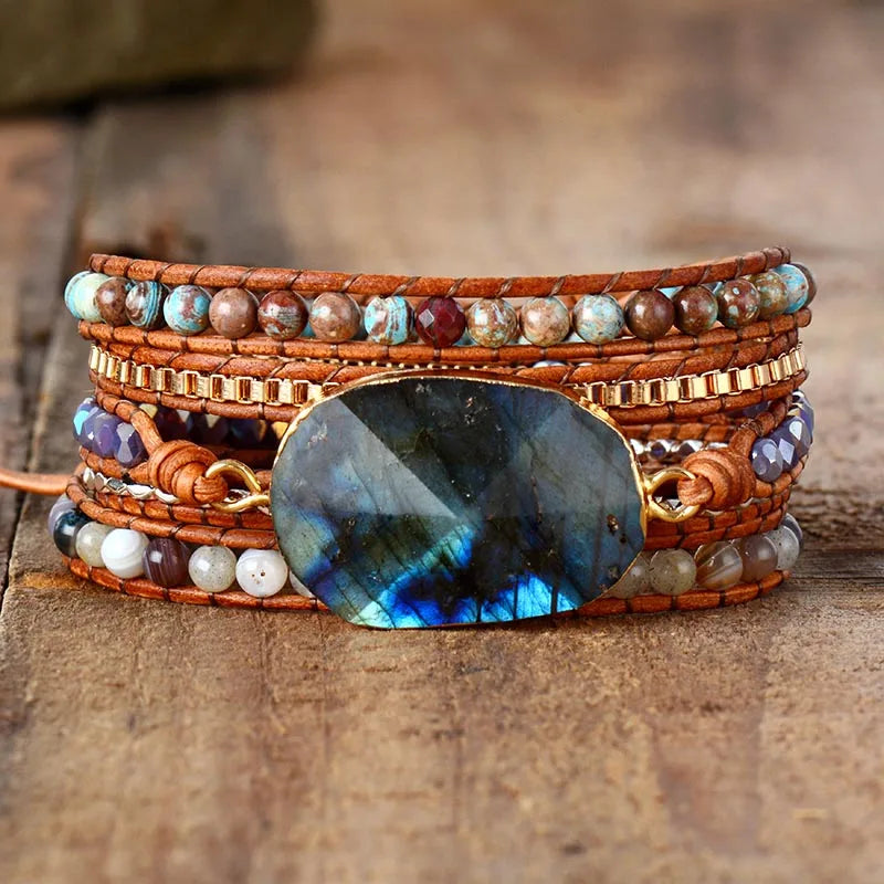Premium Women Wrap Bracelet Labradorite Natural Stones 5 Times Leather Strap Bracelets Multilayers Beadwork Bracelet Dropship