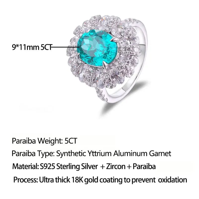LinkerLove 5CT Oval Cut Paraiba Engagement Ring for Women 925 Sterling Silver White Gold Plated Halo Wedding Band Fine Jewelry