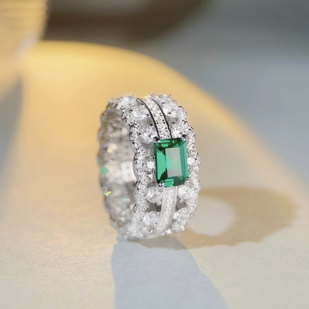 Luxury Solid Platinum PT950 Women's Emerald Diamond Ring Cut Full Diamond Moissanite Ring