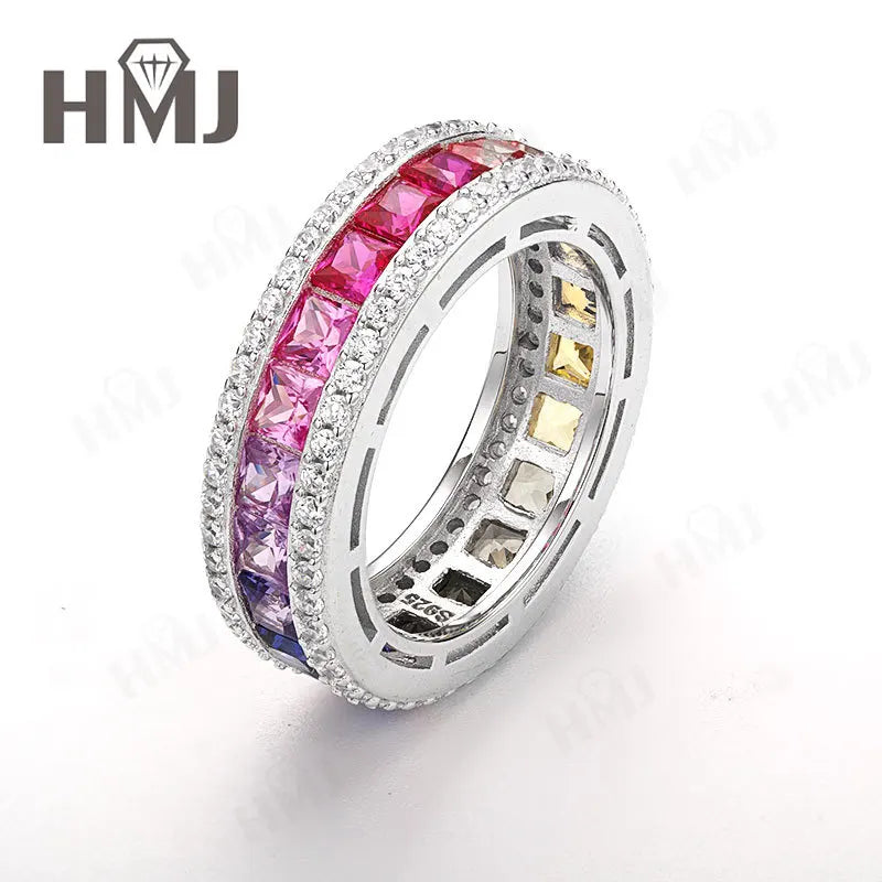 925 Sterling Silver Ring Lab Sapphire Princess Cut Rainbow Gemstones for Women Luxury Elegant Anniversary Birthday Gift Charms