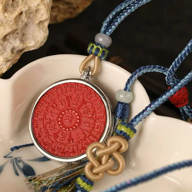 S925 Sterling Silver Inlaid Cinnabar Mandala Pendant Six True Words Necklace Chinese Style Good Luck Fortune Amulet Men Women
