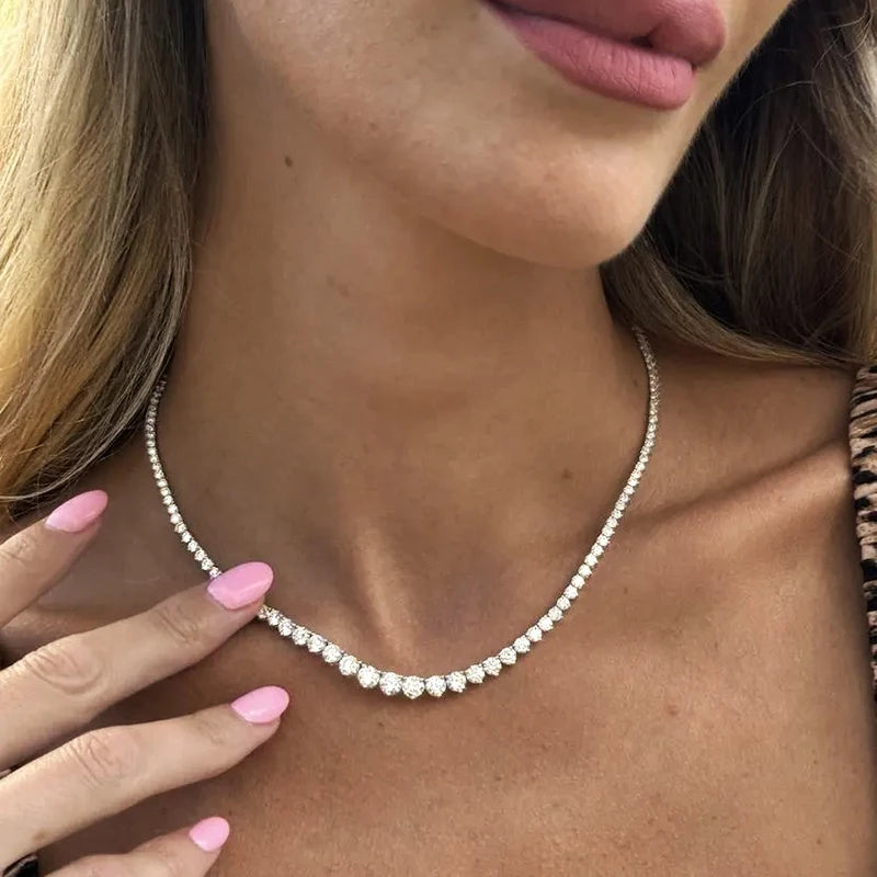 BXINY Gradual Round Moissanite Curved Tennis Necklace S925 Silver Gradient Round Diamonds for Women Wedding Bride Choker Jewelry