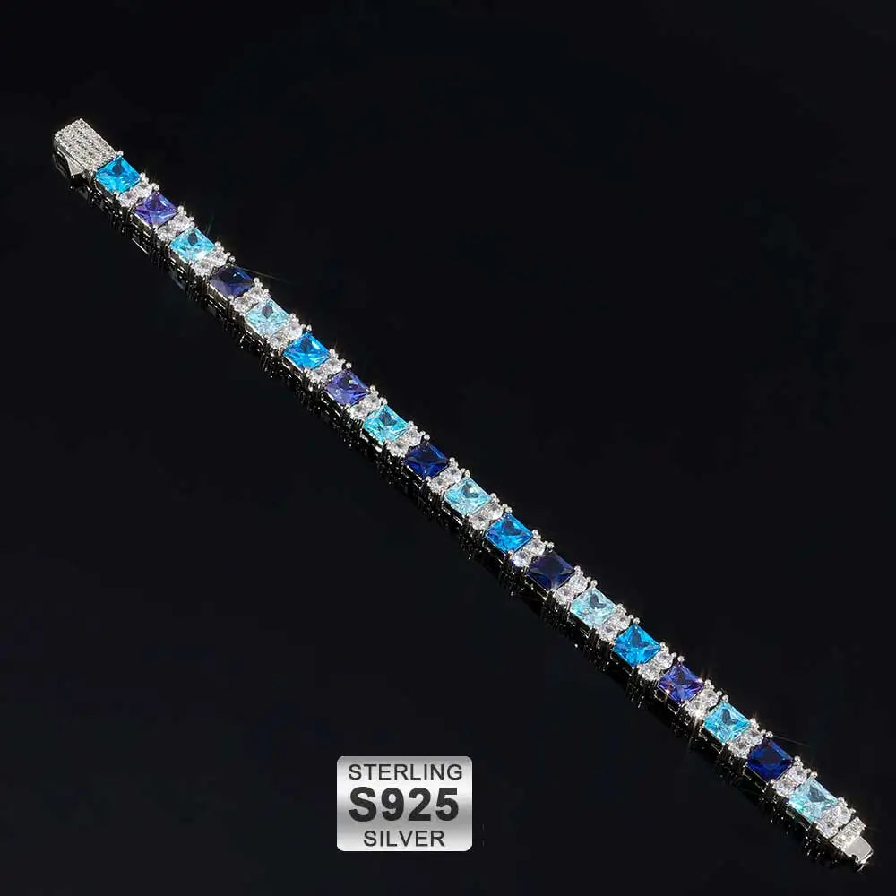 ESKEEM Hip Hop Luxury Bling Jewelry 925 Silver Blue Princess Cut CZ Cluster Tennis Bracelet Gift for Men and Women
