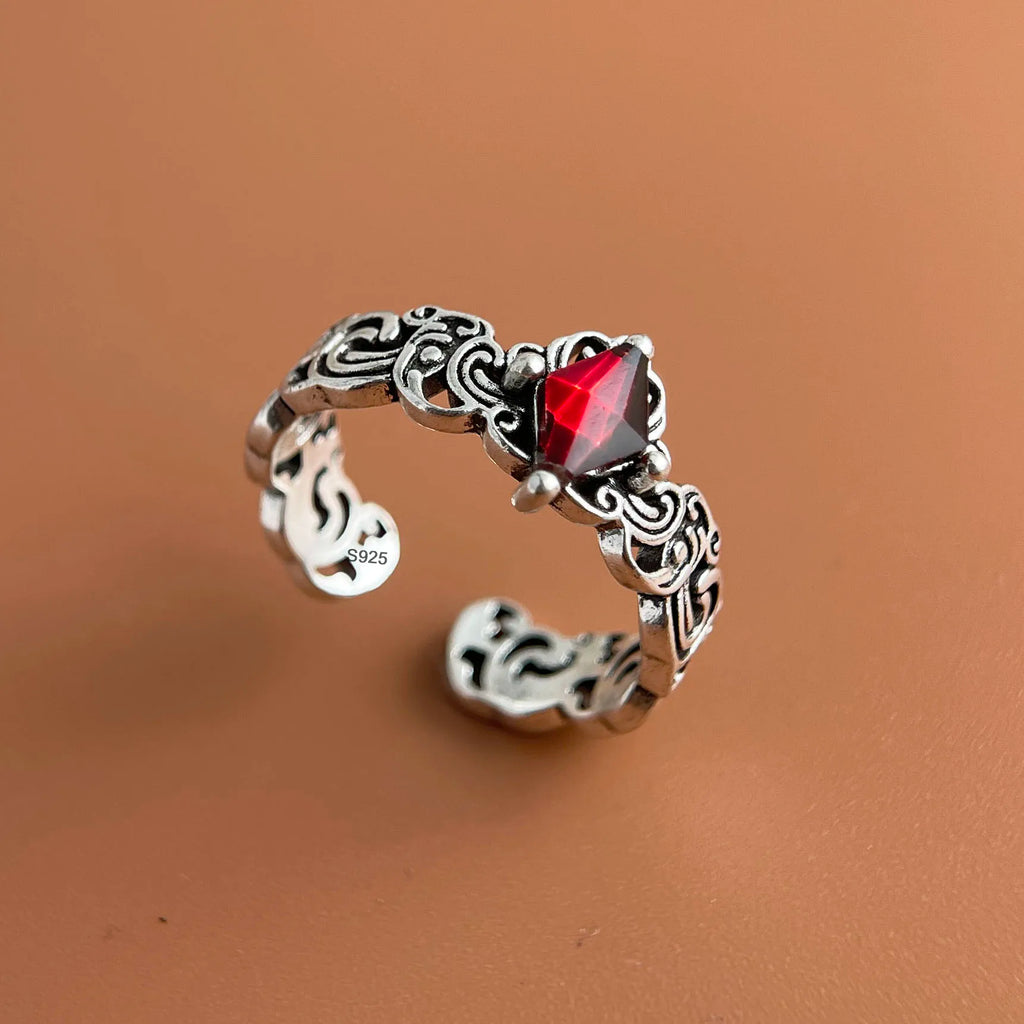 925 Sterling Silver Rings For Women Vintage Handmade Adjustable Red Zircon Ring Fashion Female Bijoux Gift