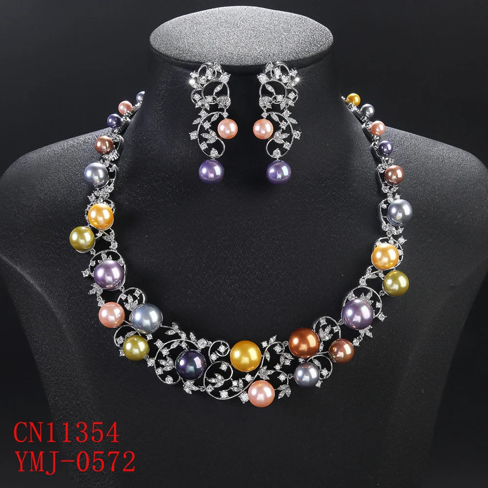Luxury Cubic Zirconia Colors Pearl  Flower Necklace Earrings Jewelry Sets  Bridal Wedding Accessories CN11354