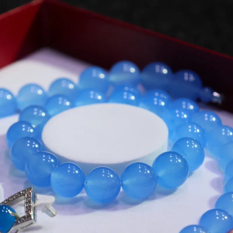 High Ice Blue Round Bead Necklace Set, Fashionable and Versatile.