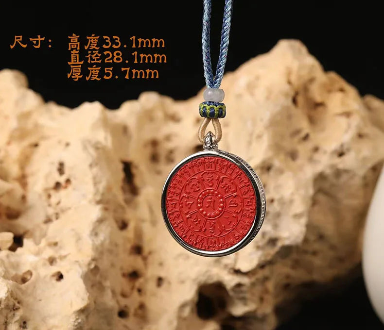 S925 Sterling Silver Inlaid Cinnabar Mandala Pendant Six True Words Necklace Chinese Style Good Luck Fortune Amulet Men Women