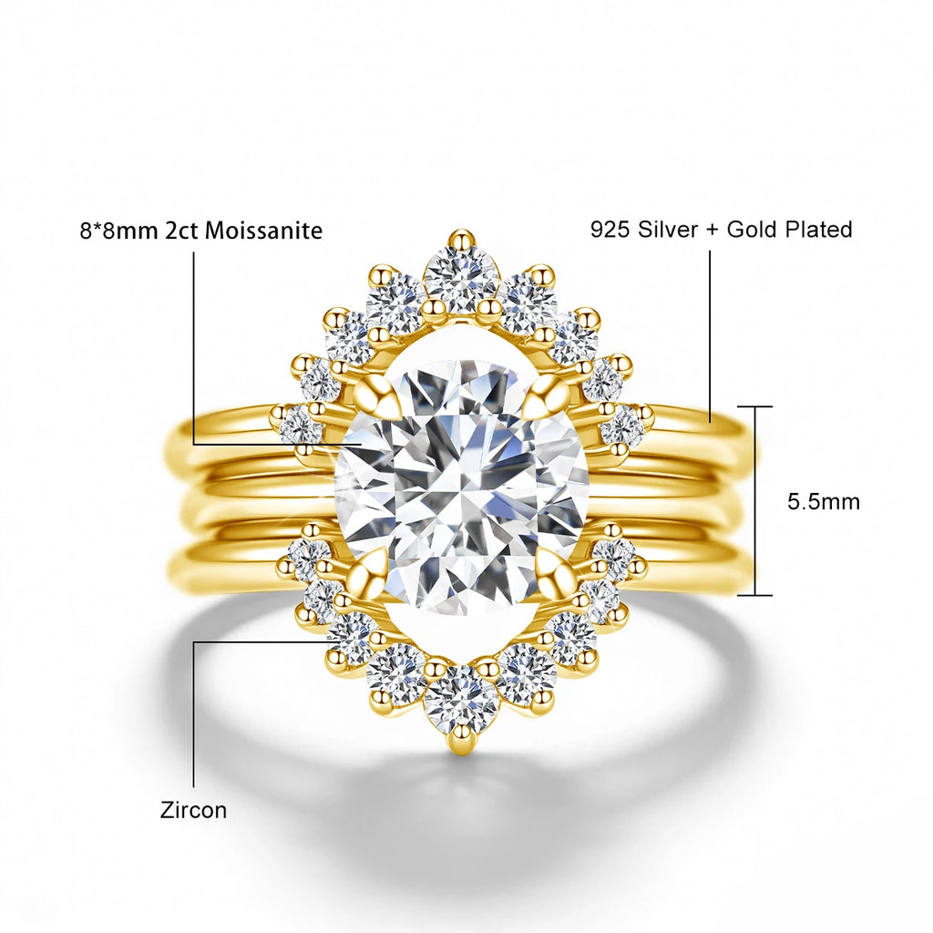 3pcs Set Stackable Rings for Women 14K Gold Filled 2 Carat Moissanite Engagement Ring Bride Wedding Jewelry Waterproof