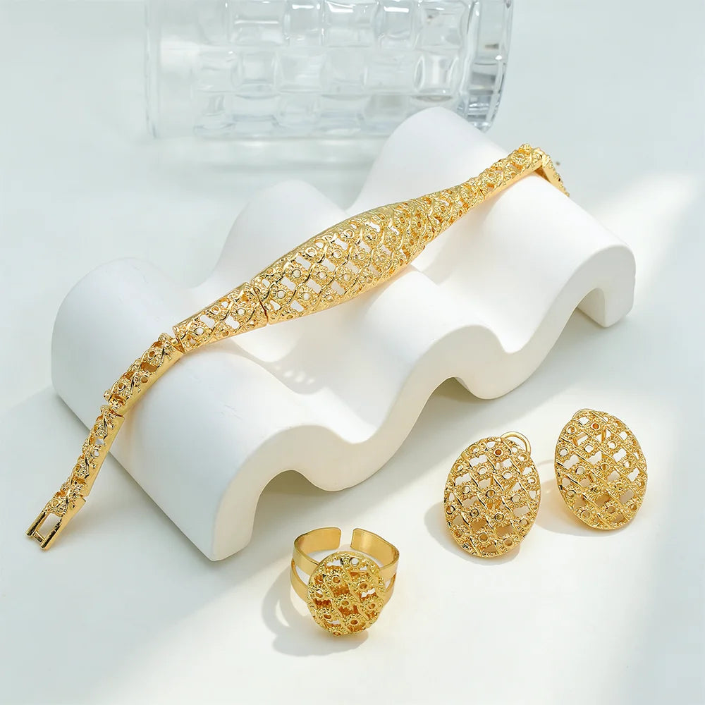 Dubai Jewelry Set Minimalistiese Quality Women Necklace Earrings Bracelet And Ring Luxury Design Weding Party Gift