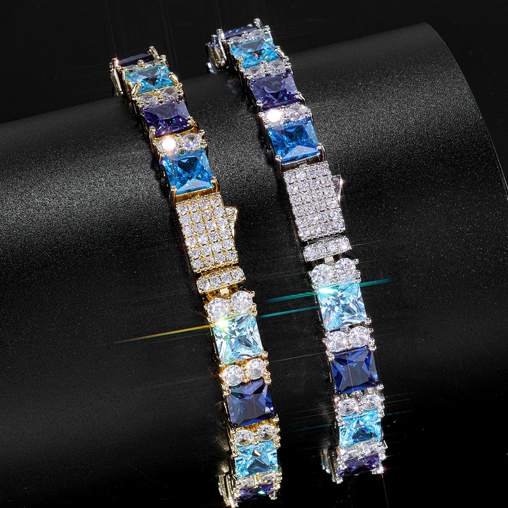 ESKEEM Hip Hop Luxury Bling Jewelry 925 Silver Blue Princess Cut CZ Cluster Tennis Bracelet Gift for Men and Women
