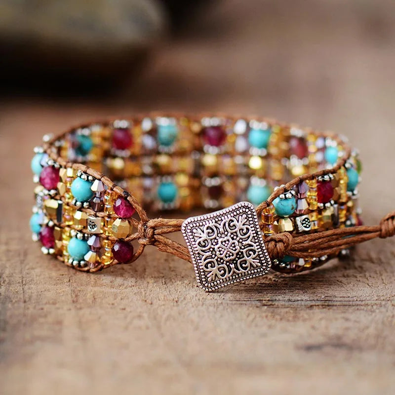 Boho Bracelets High End Natural Stones Wax Cord Wrap Bracelet Semi Precious Stone Beaded Cuff Bracelet Fashion Jewelry Dropship