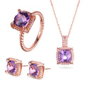 LinkerLove S925 Sterling Silver Amethyst Jewelry Set Cushion Cut Purple Gemstone Halo Necklace Earrings Ring for Women Wedding