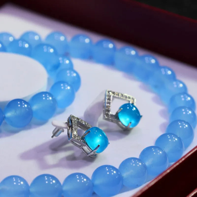 High Ice Blue Round Bead Necklace Set, Fashionable and Versatile.