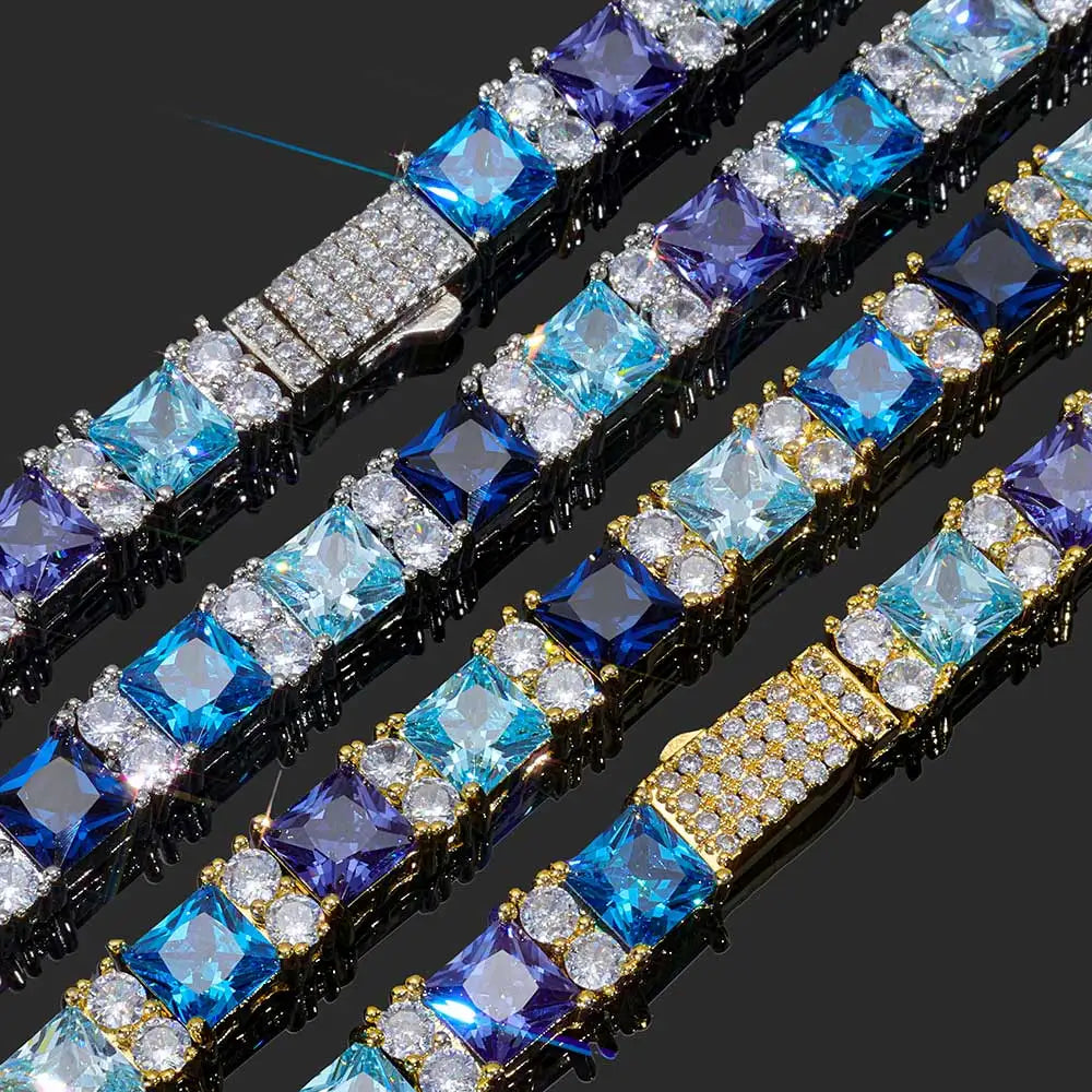 ESKEEM Hip Hop Luxury Bling Jewelry 925 Silver Blue Princess Cut CZ Cluster Tennis Bracelet Gift for Men and Women
