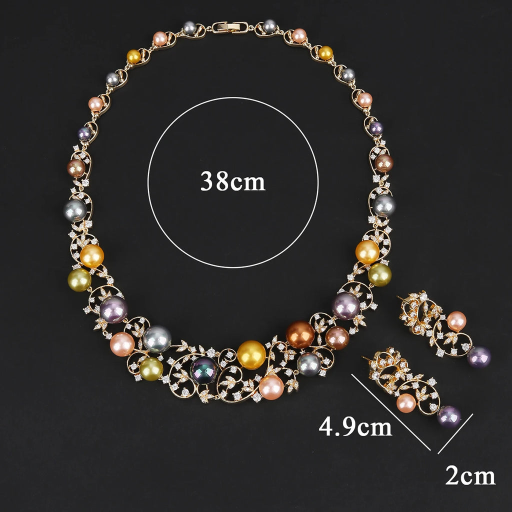 Luxury Cubic Zirconia Colors Pearl  Flower Necklace Earrings Jewelry Sets  Bridal Wedding Accessories CN11354