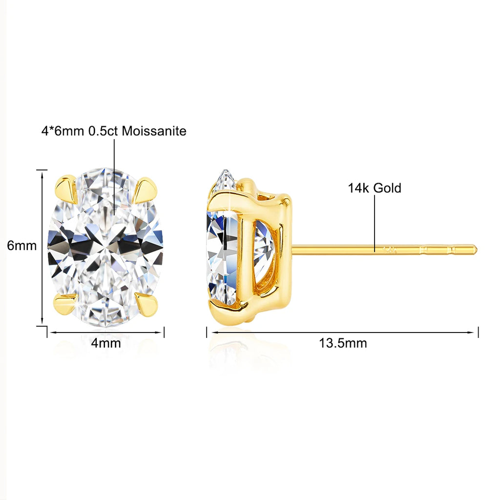 Classic 14K Gold Egg Shaped Moissanite Stud Earrings Oval Natural Zircon Trendy Engagement Ear Stud for Women Wedding Jewelry