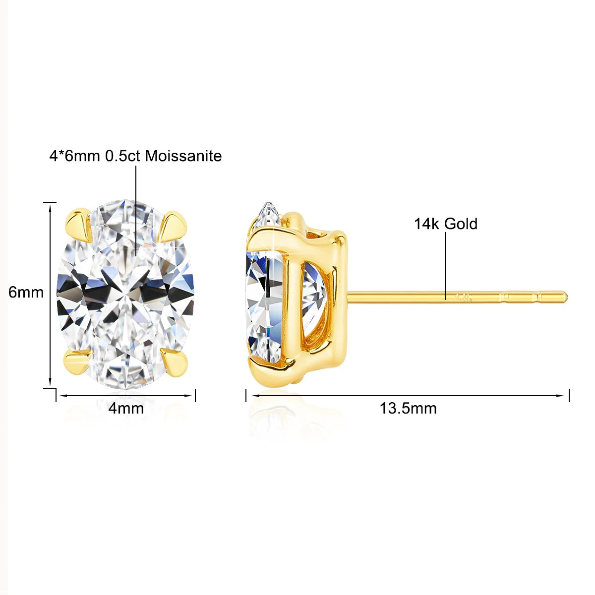Classic 14K Gold Egg Shaped Moissanite Stud Earrings Oval Natural Zircon Trendy Engagement Ear Stud for Women Wedding Jewelry