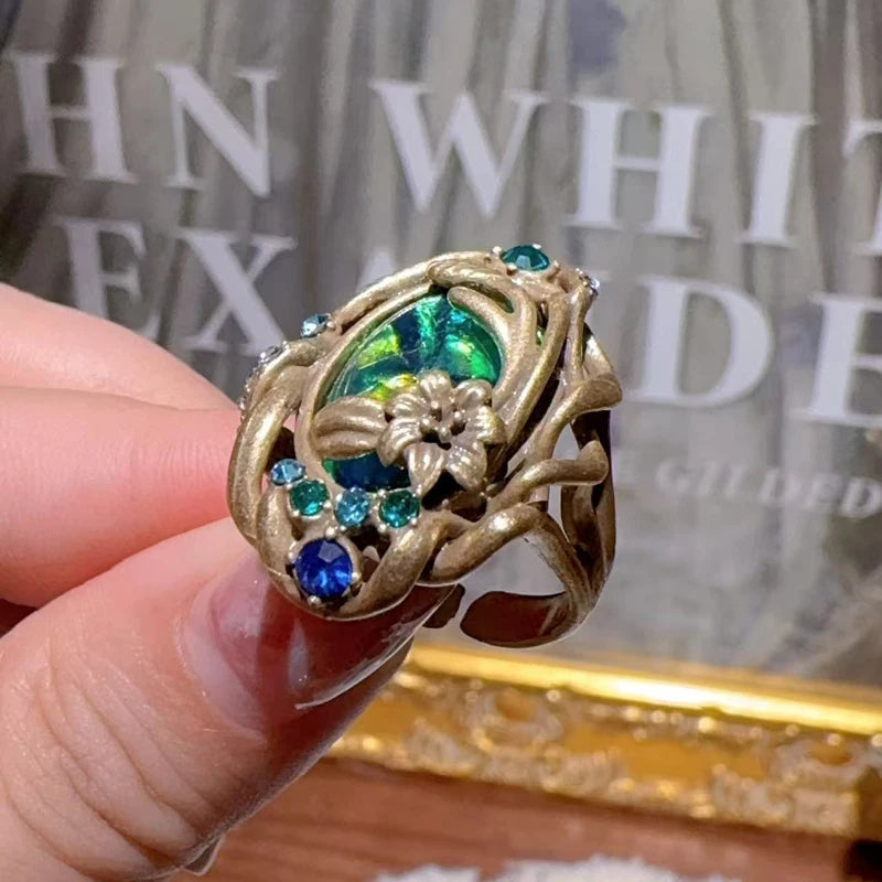 Vintage Green Abalone Shell Opal Rings Flower Branch Bohemia Antique Gold Color Luxury Jewelry For Women Accessories Wedding