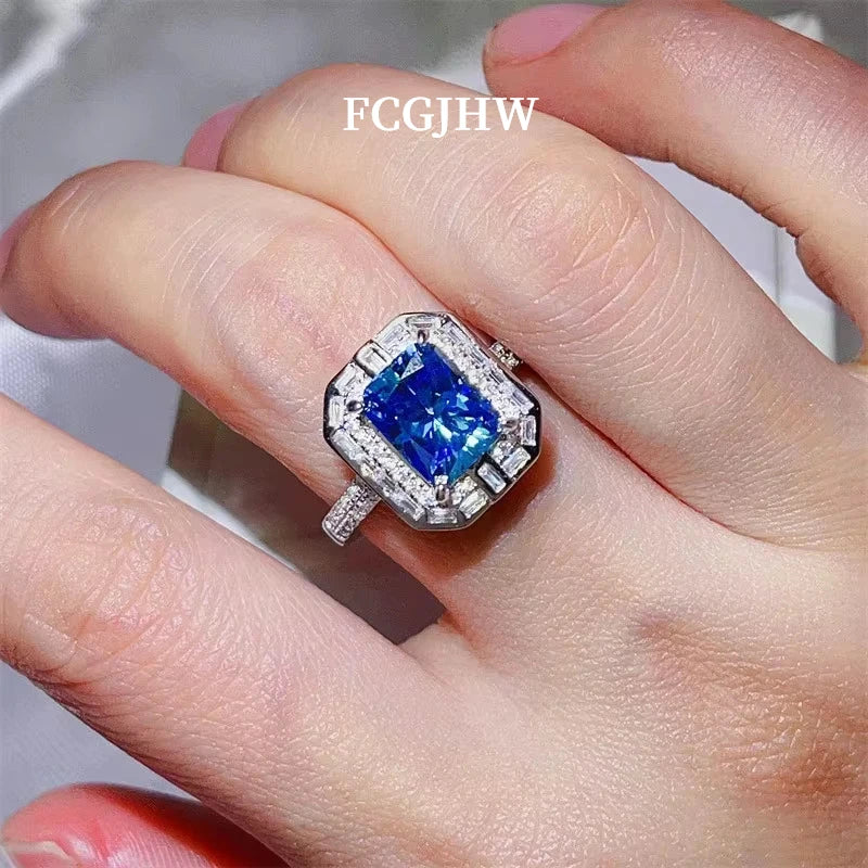 FCGJHW 3CT Radiant Cut Blue Moissanite Rings S925 Silver For Women Men Sapphire Rectangle Diamond Wedding Bands Jewelry 2026