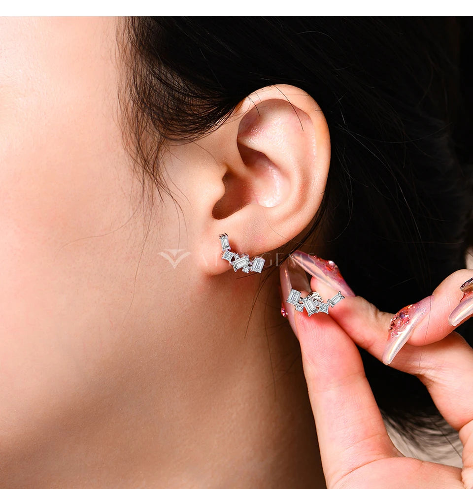 ATTAGEMS Baguette Emerald Cut Moissanite Jewelry Set for Women Rings Earrings Necklace S925 Sterling Silver 3 Piece Wedding Gift