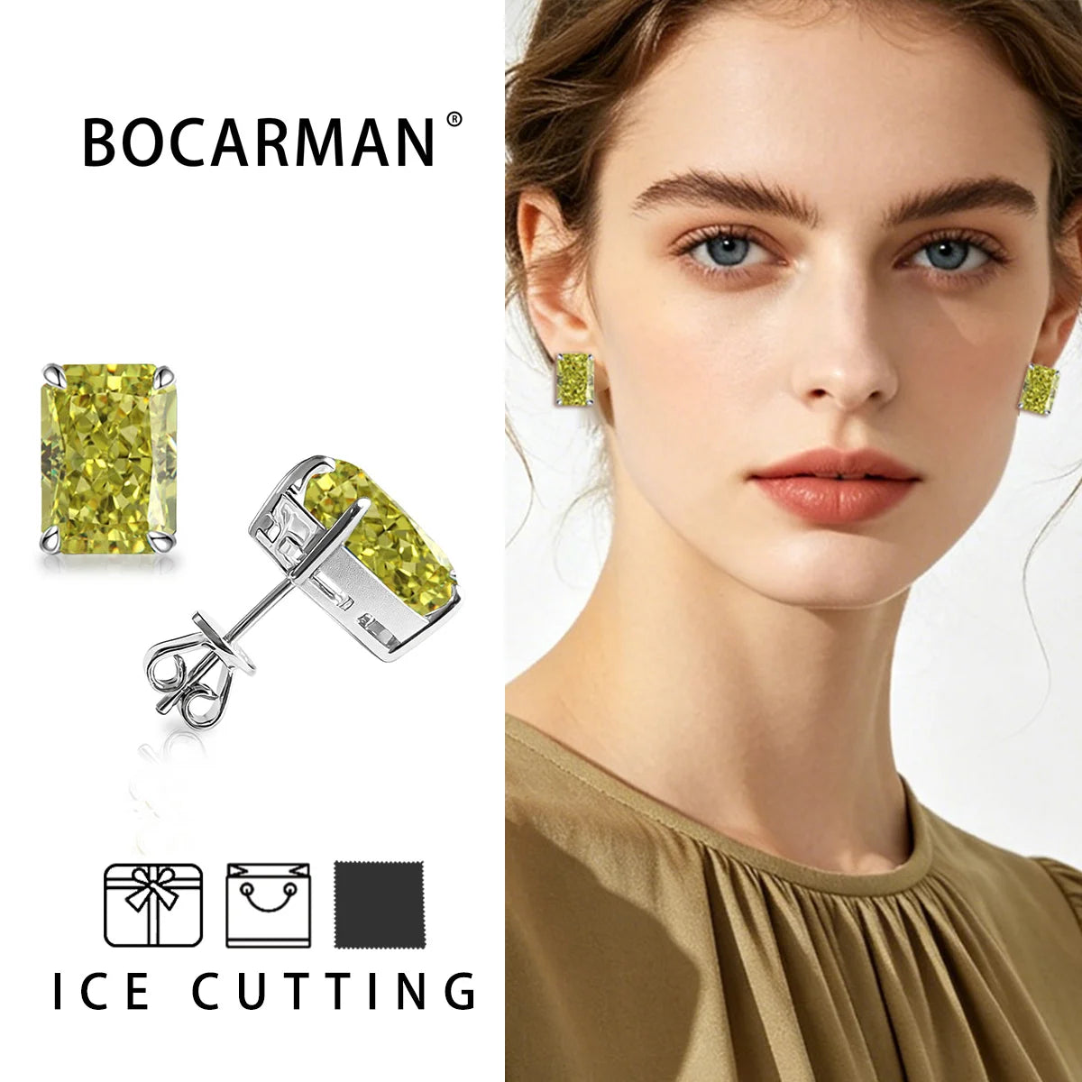 Bocarman Rectangular Ice Cut Mint Green Zircon Stud Earrings S925 Sterling Silver Rhodium Plated Fine Jewelry 8x10mm