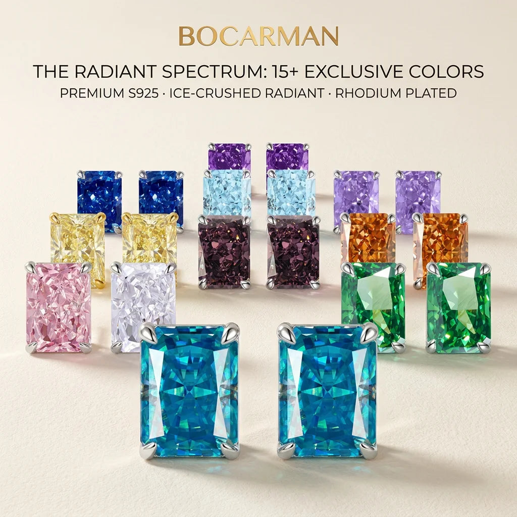 Bocarman Rectangular Ice Cut Mint Green Zircon Stud Earrings S925 Sterling Silver Rhodium Plated Fine Jewelry 8x10mm