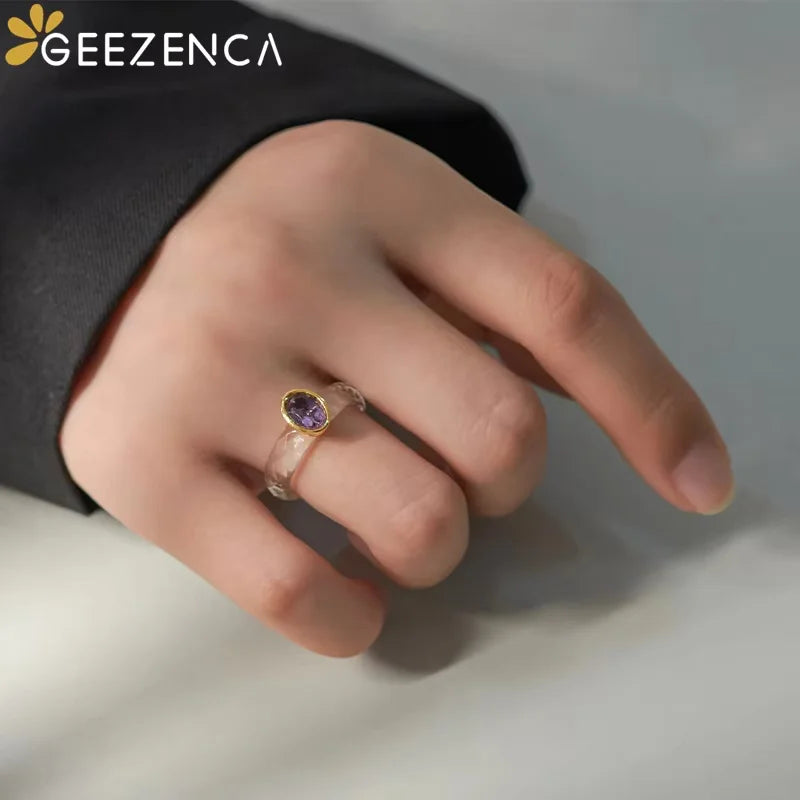 GEEZENCA Natural White Crystal Circle Amethyst 925 Sterling Silver Size 7 Rings For Women Purple Stone Minimalism Ring Gift