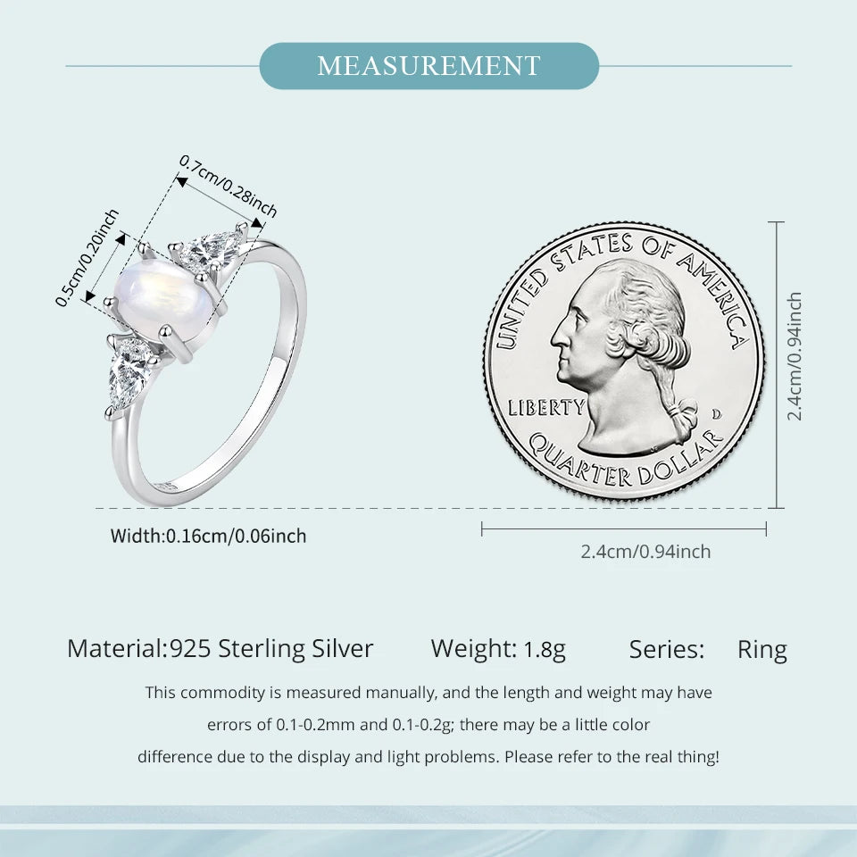 WOSTU 925 Sterling Silver Natural Oval Moonstone Ring For Women, Rainbow Three Stone Rings Engagement Anniversary Jewelry Gift
