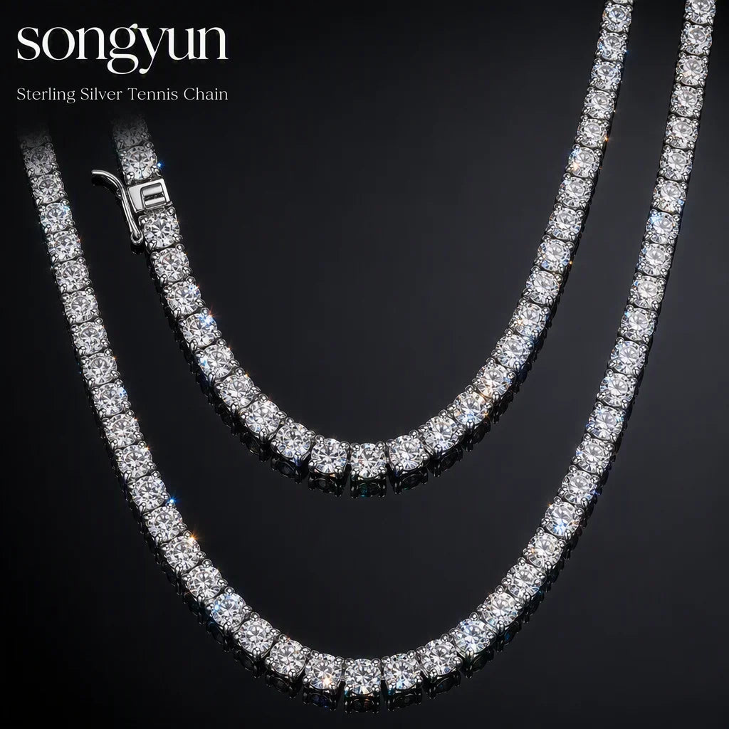 SY Brand Jewelry 925 Sterling Silver Tennis Chain Necklace For Women Men 7A Zircon Luxury Necklaces Rhodium Plated S925 Jewelry