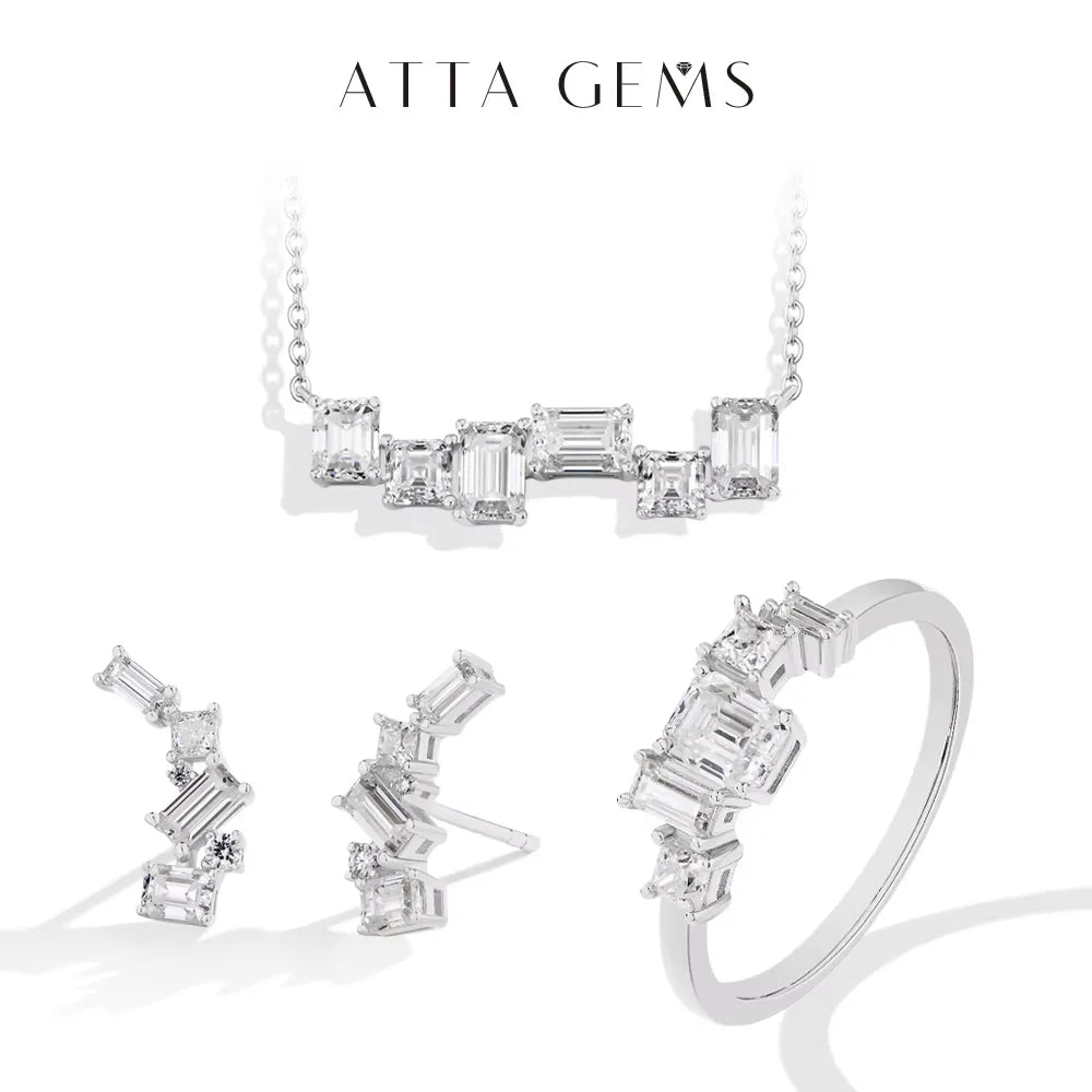 ATTAGEMS Baguette Emerald Cut Moissanite Jewelry Set for Women Rings Earrings Necklace S925 Sterling Silver 3 Piece Wedding Gift