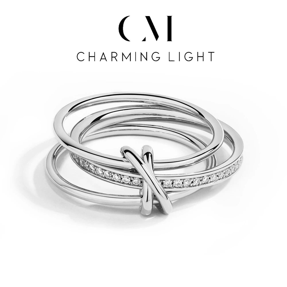 CHARMING Fine Moissanite Band Ring S925 Sterling Sliver Brilliant Diamond for Women 3 Rings Connect for Engagement Jewelry Gifts