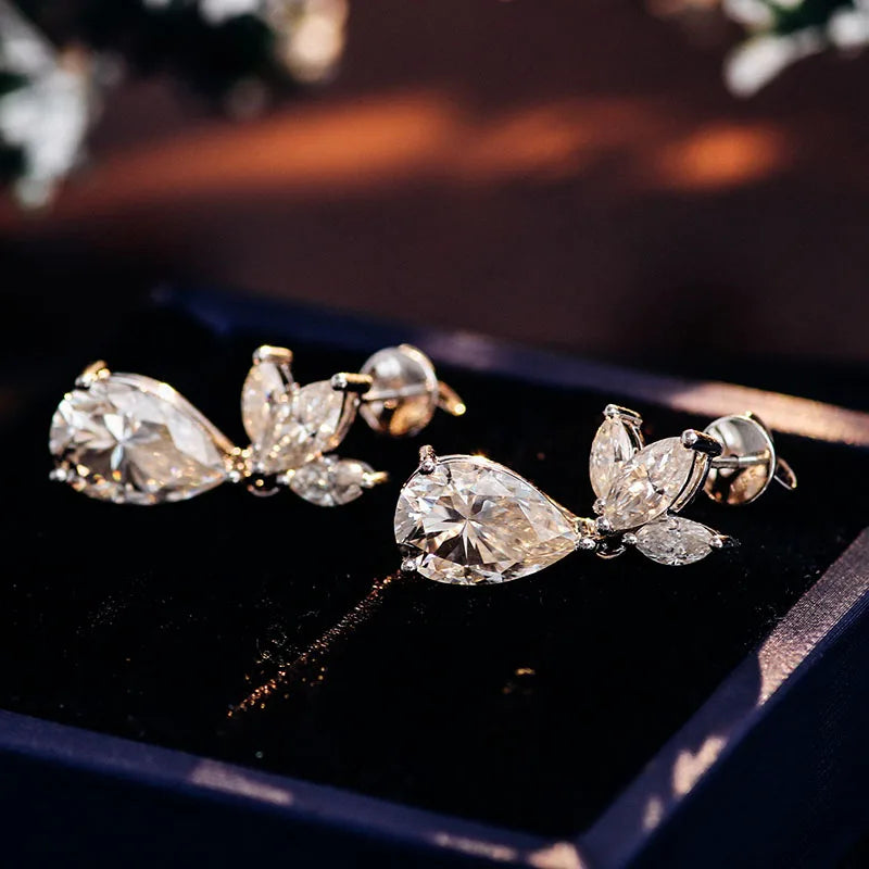 Provence 14K White Gold Moissanite Stud Earrings for Women Pear Cut 8 CT D Color Marquise Cut Earrings Butterfly Back  GRA