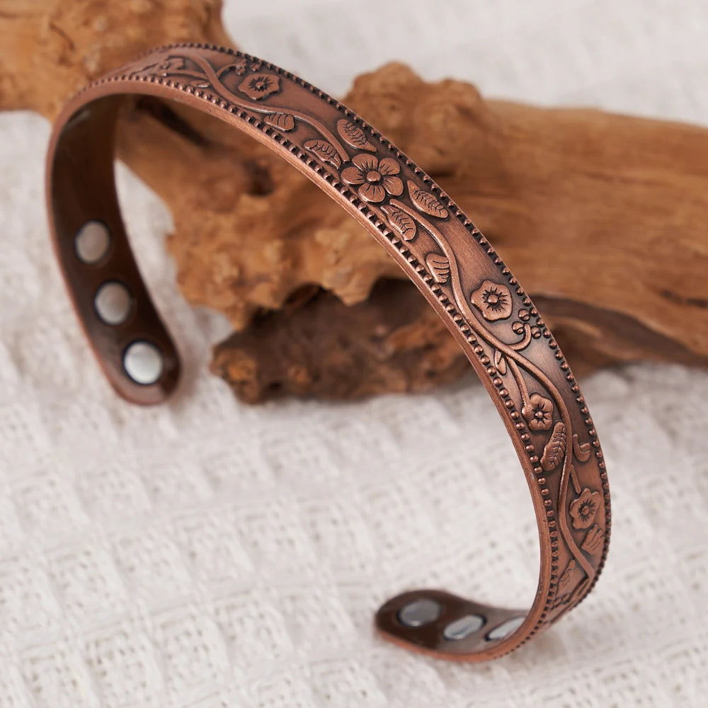 Magnetic Bracelet Retro Flower Ring Bracelet Set Adjustable Men's and Women's Plated Ancient Red Copper Magnetic Bracelet