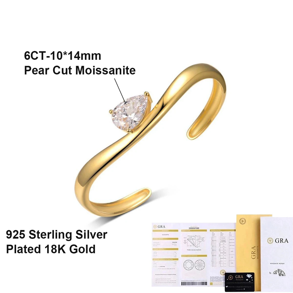 BXINY 6CT Pear Cut Moissanite Bangle 925 Sterling Silver 18K Gold Plated Water Drop Diamond Bracelet for Women Party Jewelry GRA