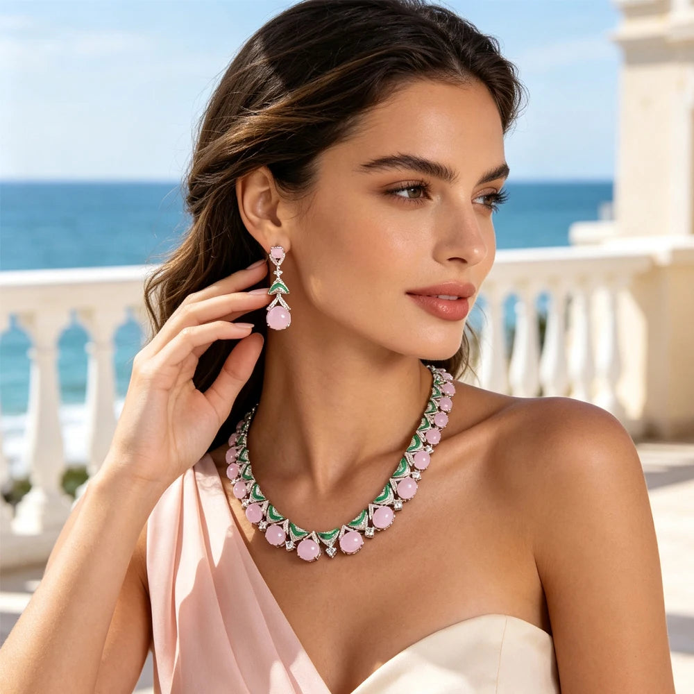 Elegant Jewelry Set Women Zircon Necklace Earrings Statement Bridal Wedding Banquet Luxury Evening Party Accessories Gift