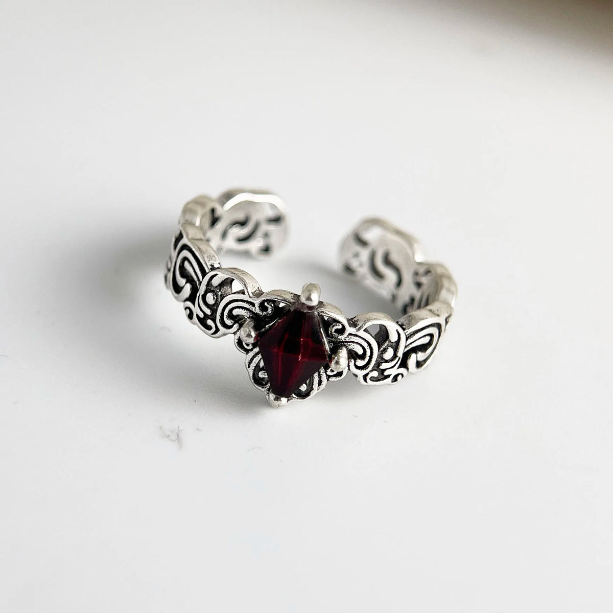 925 Sterling Silver Rings For Women Vintage Handmade Adjustable Red Zircon Ring Fashion Female Bijoux Gift