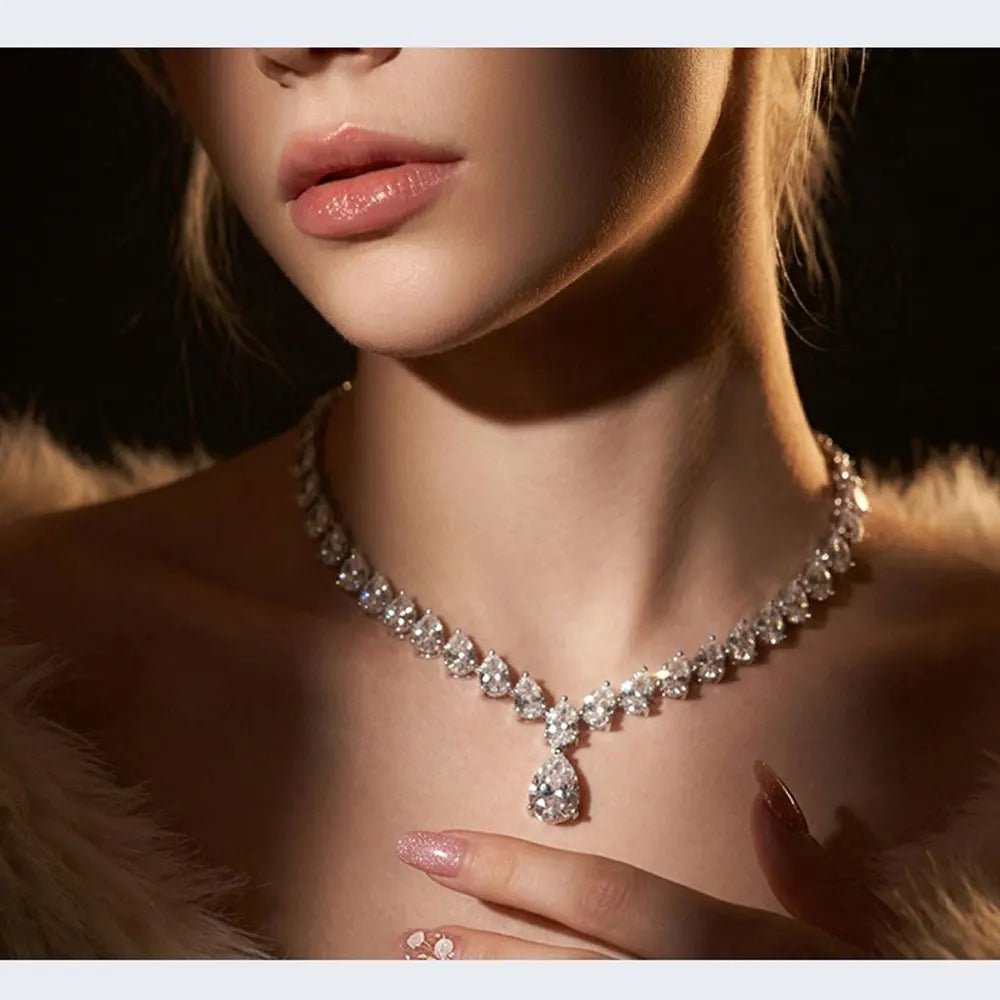 KNOBSPIN Pear Cut Moissanite Tennis Necklaces for Women Lab Diamond s925 Sterling Silver plated 18k Wedding Moissanite Necklace