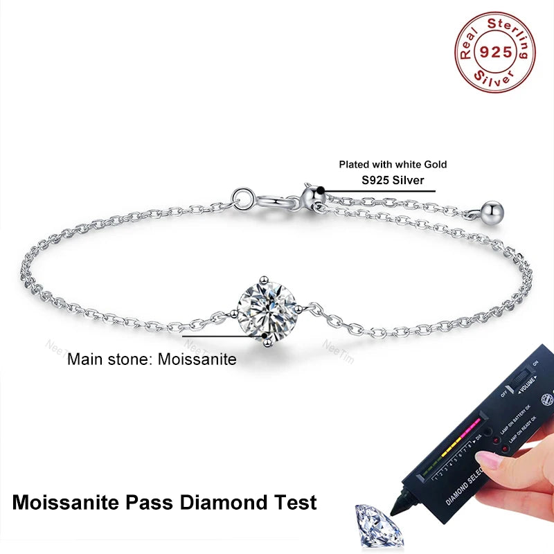 NeeTim 1ct Moissanite Bracelets for Women 925 Sterling Silver with White Gold Plated Bracelet Chain Wedding Party Fine Jewelry