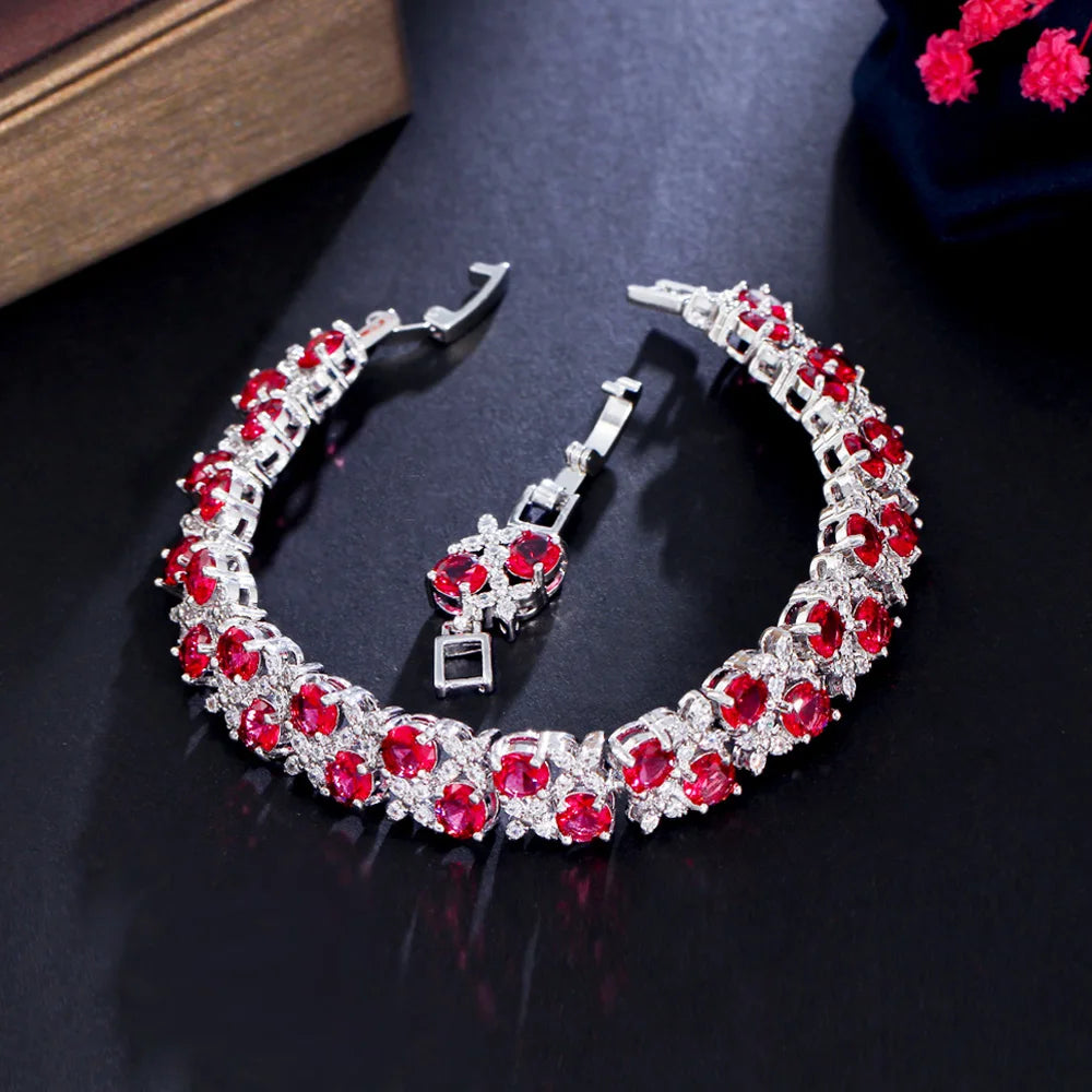 Pera Elegant Leaf and Oval Chain Link Silver Color Red Green Cubic Zirconia Bracelets for Women Fashion Jewelry Accessories B084