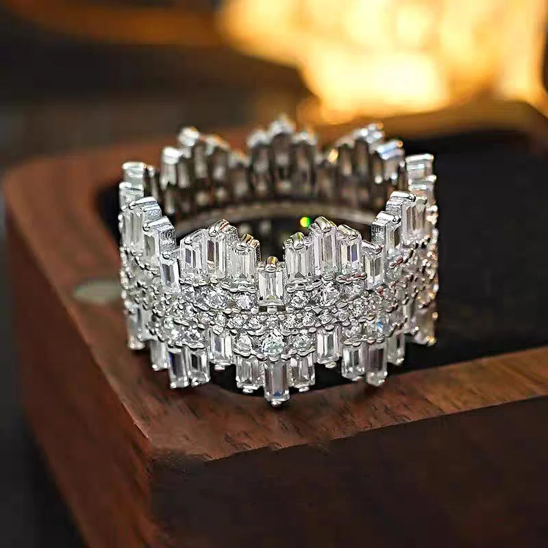 QIBAOKU Luxury 925 Sterling Silver Ring For Women Men Sparkling Irregular High Carbon Diamond Hiphop Zircon Band Jewelry Gift