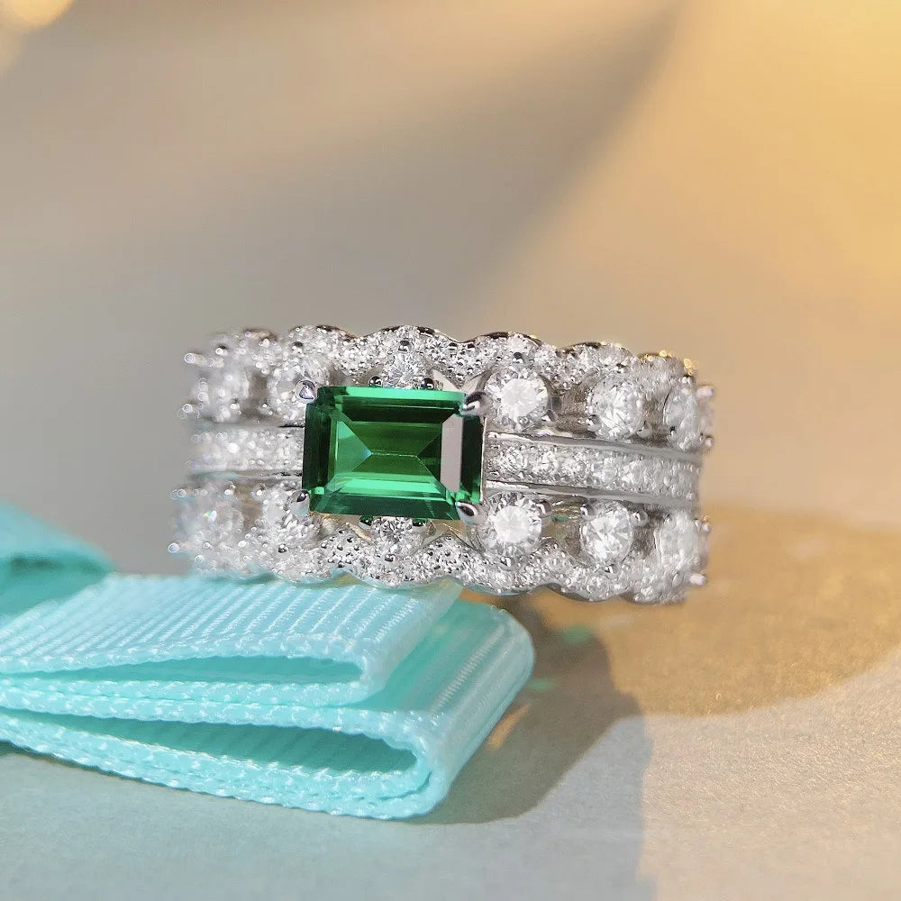 Luxury Solid Platinum PT950 Women's Emerald Diamond Ring Cut Full Diamond Moissanite Ring