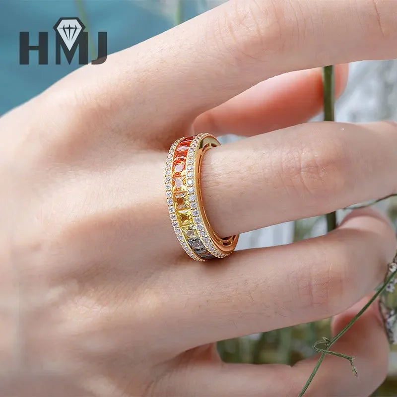 925 Sterling Silver Ring Lab Sapphire Princess Cut Rainbow Gemstones for Women Luxury Elegant Anniversary Birthday Gift Charms