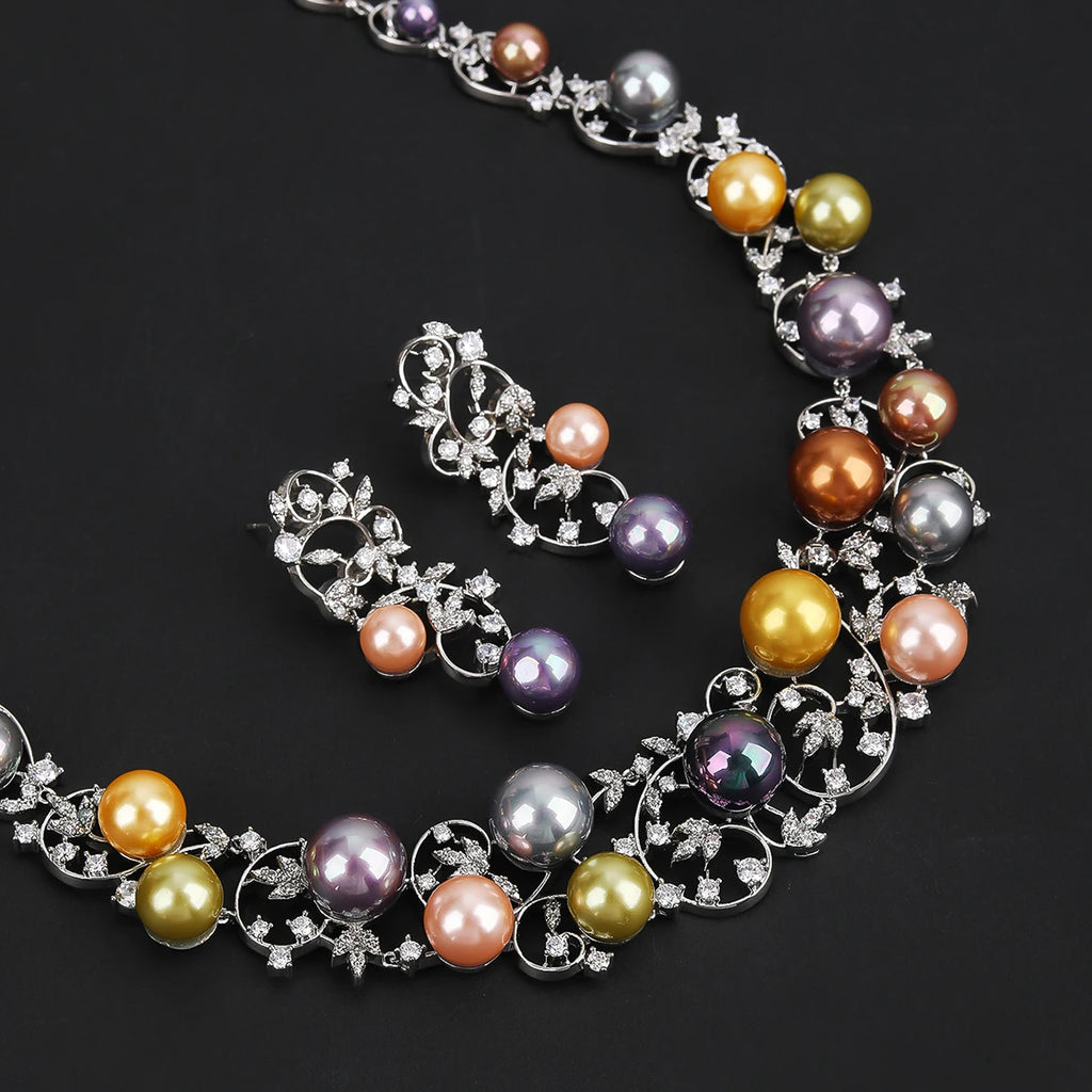 Luxury Cubic Zirconia Colors Pearl  Flower Necklace Earrings Jewelry Sets  Bridal Wedding Accessories CN11354