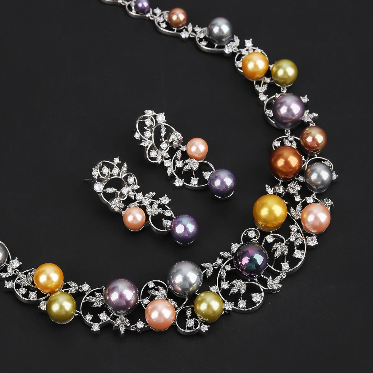 Luxury Cubic Zirconia Colors Pearl  Flower Necklace Earrings Jewelry Sets  Bridal Wedding Accessories CN11354