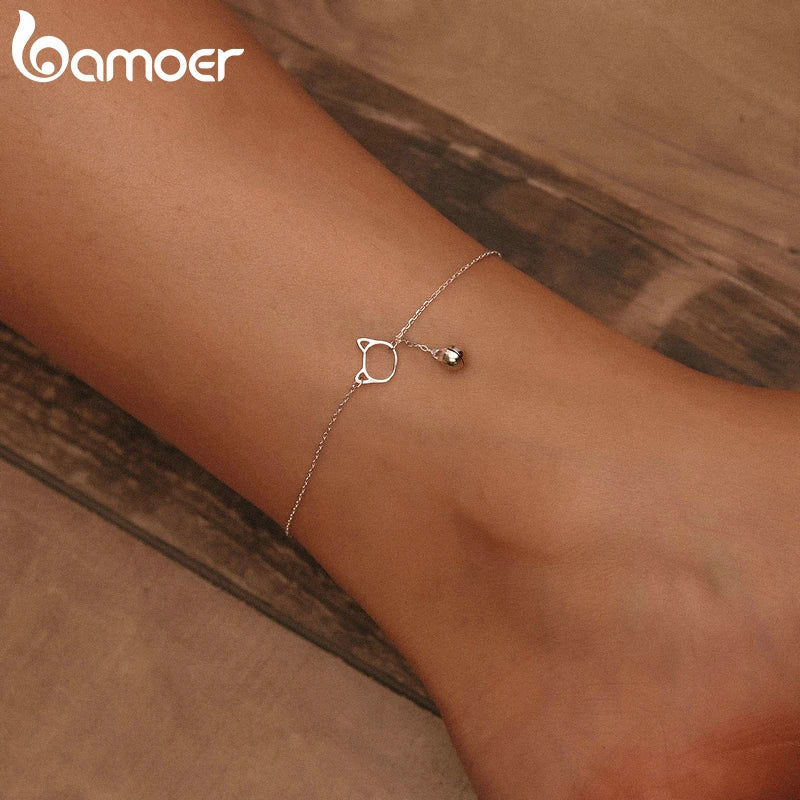 BAMOER Foot Jewelry Anklet Simple Bell And Cat Bracelet for Ankle Real Solid 925 Sterling Silver Anklets For Women SCT003