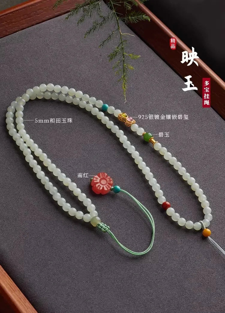 Natural Light Blue Hetian Jade Pendant Necklace Cord for Women Delicate Elegant Sweater Chain Gifts