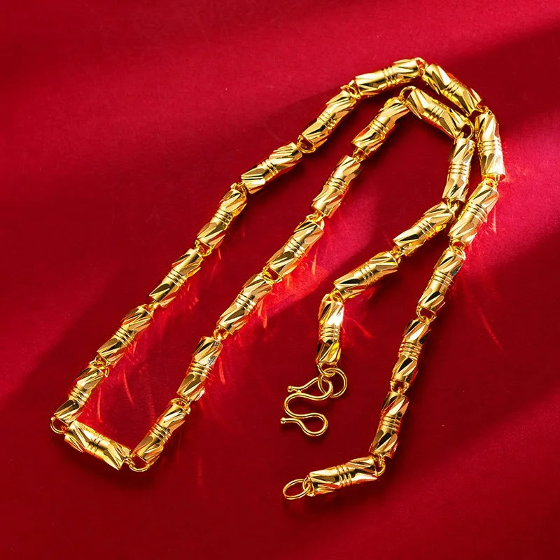 9999 24K real gold cylindrical double bamboo necklace real gold men's and women's solid color bamboo necklace gold jewelry