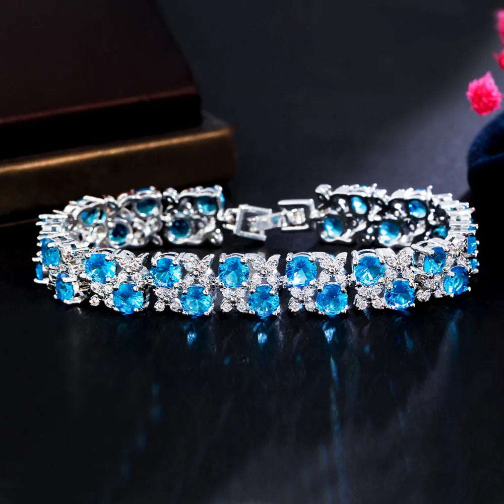 Pera Elegant Leaf and Oval Chain Link Silver Color Red Green Cubic Zirconia Bracelets for Women Fashion Jewelry Accessories B084