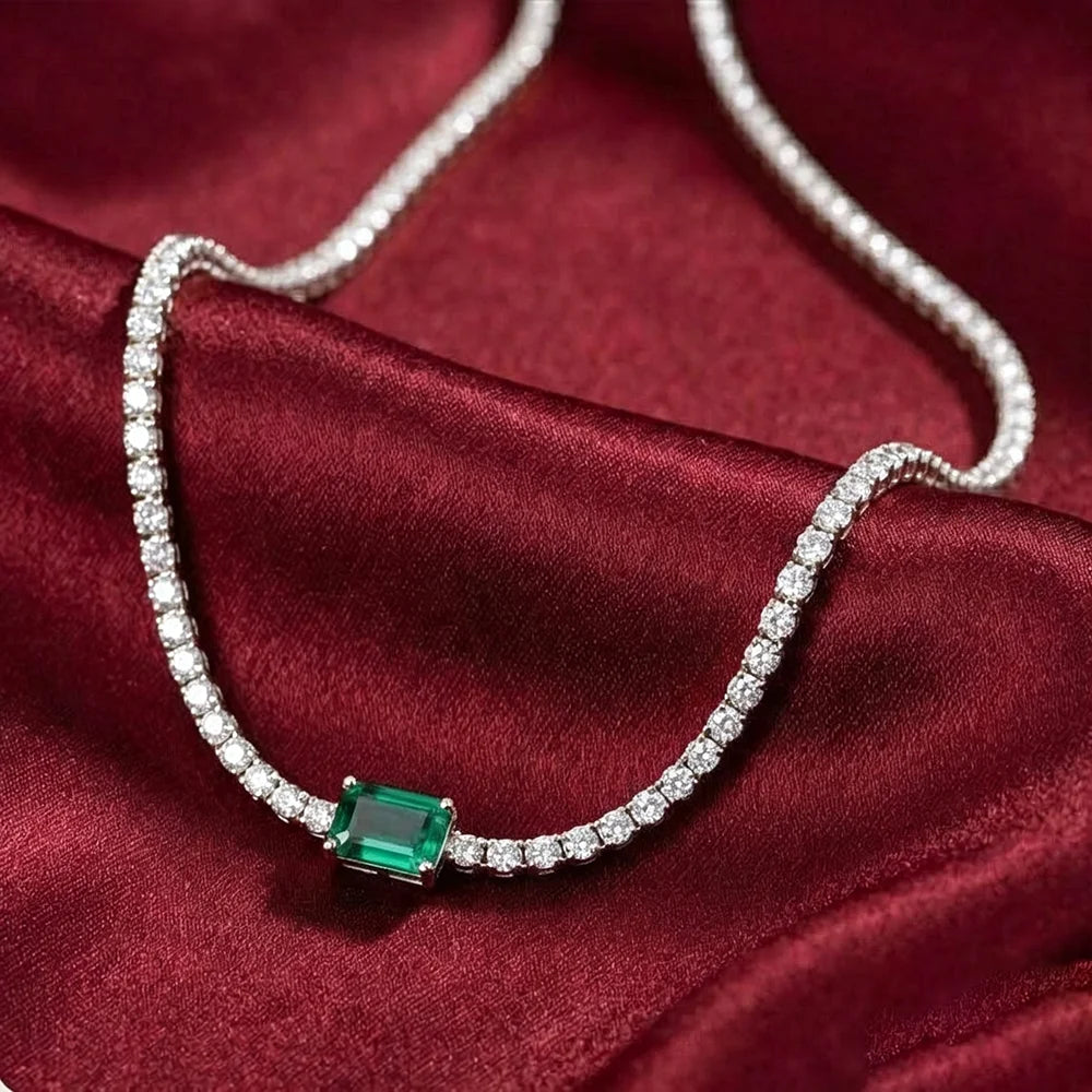 Full Moissanite Tennis Necklace With Emerald Cut Diamond Riviera Necklace S925 Silver Adjustable Layering Choker Fine Jewelry