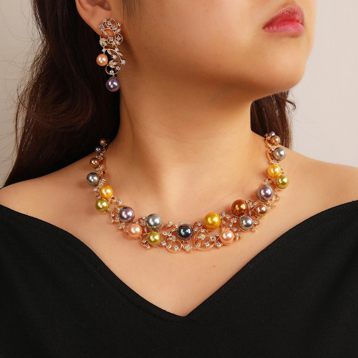 Luxury Cubic Zirconia Colors Pearl  Flower Necklace Earrings Jewelry Sets  Bridal Wedding Accessories CN11354